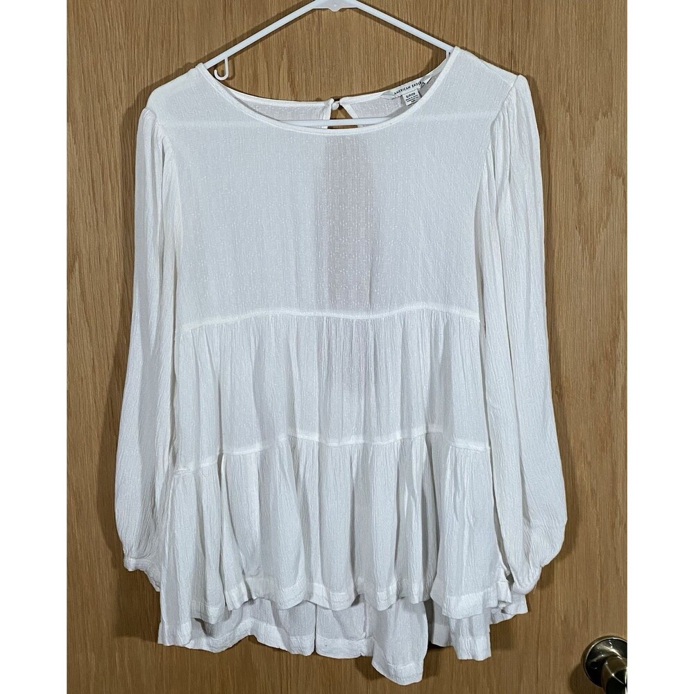 American Eagle Women's Sm Flowy Boho Top Puff Sleeve White Gauzy Tiered Cottage